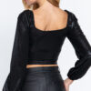 Metallic Knit Long-Sleeve Ruched Sweetheart Top – Black
