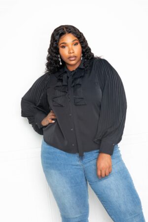 Pleated-Sleeve Plus-Size Blouse with Waterfall Frill