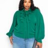 Pleated-Sleeve Blouse with Waterfall Frill and Bow – Plus Size