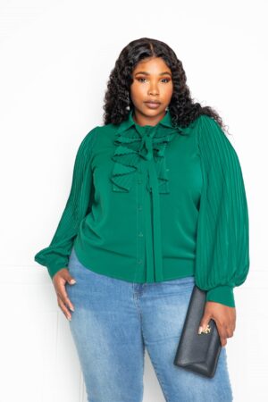 Pleated-Sleeve Blouse with Waterfall Frill and Bow – Plus Size
