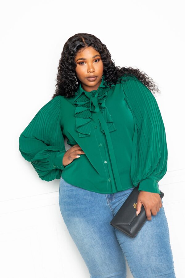 Pleated-Sleeve Blouse with Waterfall Frill and Bow – Plus Size