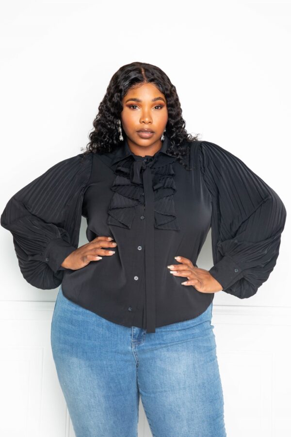 Pleated-Sleeve Plus-Size Blouse with Waterfall Frill