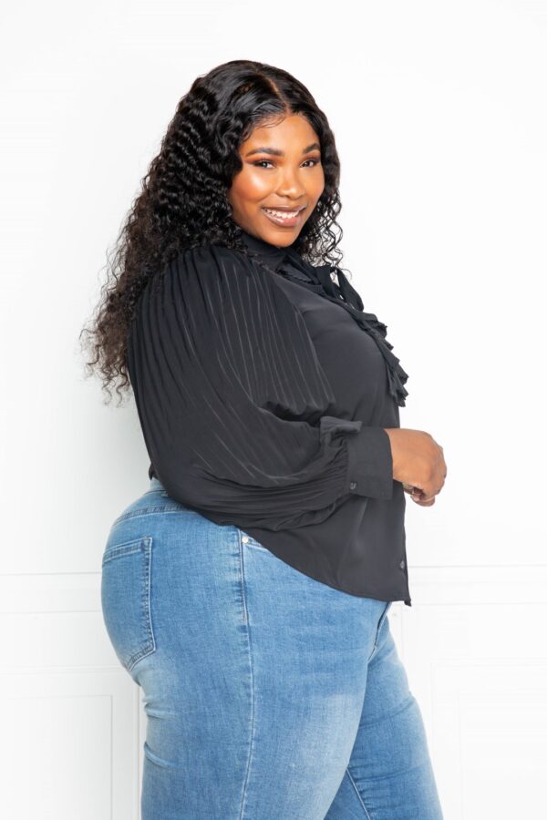 Pleated-Sleeve Plus-Size Blouse with Waterfall Frill