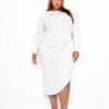 Plus Size Asymmetrical Sweater Dress with Waterfall Ruffle, Cream