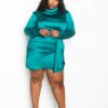 Plus Size Satin Mock Neck Ruched Mini Dress – Teal