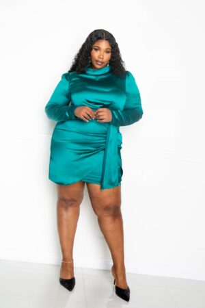 Plus Size Satin Mock Neck Ruched Mini Dress – Teal