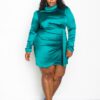 Plus Size Satin Mock Neck Ruched Mini Dress – Teal