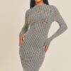 Long Sleeve Stripe Print Midi Dress – Black/White
