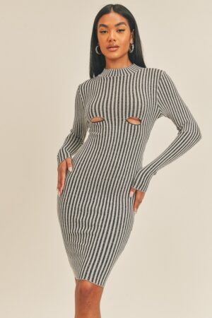 Long Sleeve Stripe Print Midi Dress – Black/White