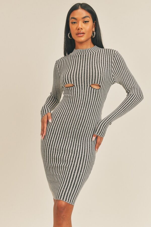 Long Sleeve Stripe Print Midi Dress – Black/White