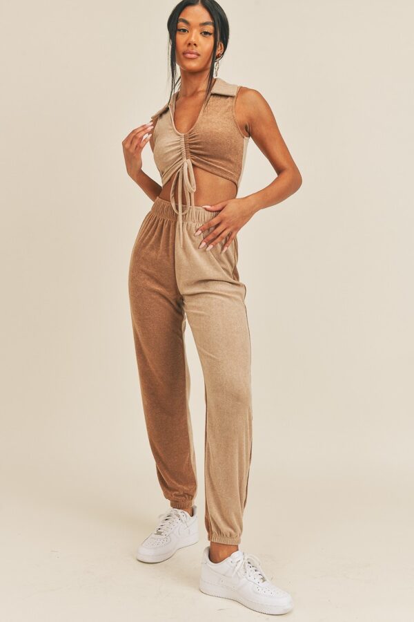 Two-Tone Two-Piece Set with Ruched Top – Camel/Taupe
