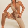 Two-Tone Two-Piece Set with Ruched Top – Camel/Taupe