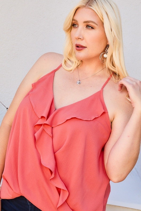 Surplice Ruffle Cami Top – Coral (Plus Size)