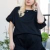 French Terry Top with Ruffle Sleeves and Side Slit – Black (Plus Size)
