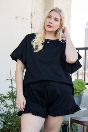 French Terry Top with Ruffle Sleeves and Side Slit – Black (Plus Size)