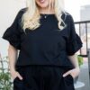 French Terry Top with Ruffle Sleeves and Side Slit – Black (Plus Size)