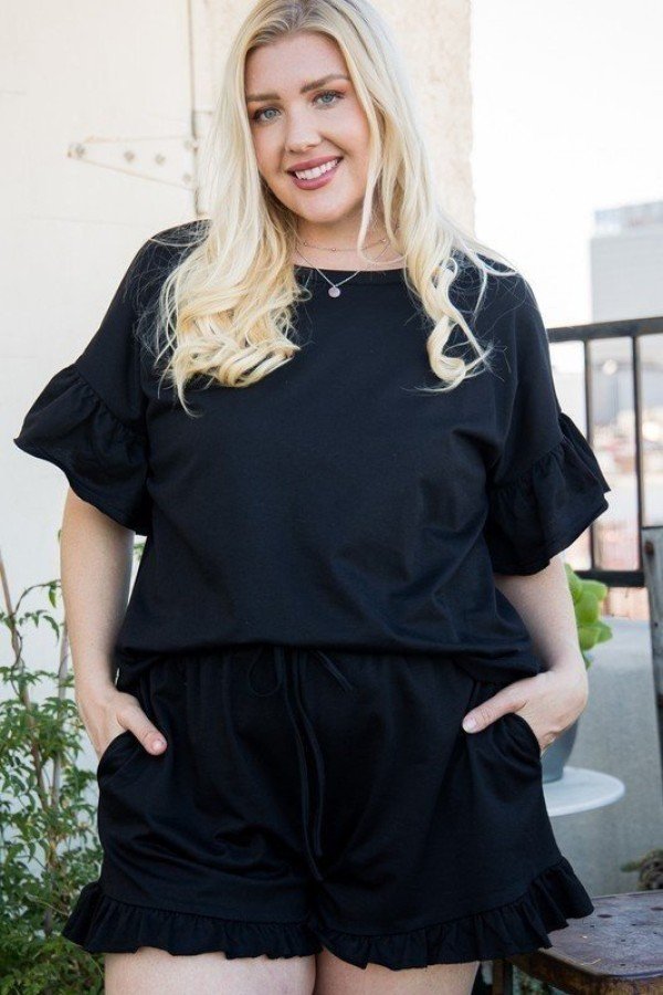 French Terry Top with Ruffle Sleeves and Side Slit – Black (Plus Size)