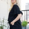 French Terry Top with Ruffle Sleeves and Side Slit – Black (Plus Size)