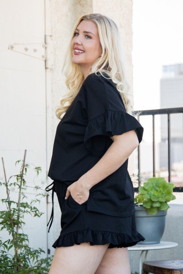 French Terry Top with Ruffle Sleeves and Side Slit – Black (Plus Size)