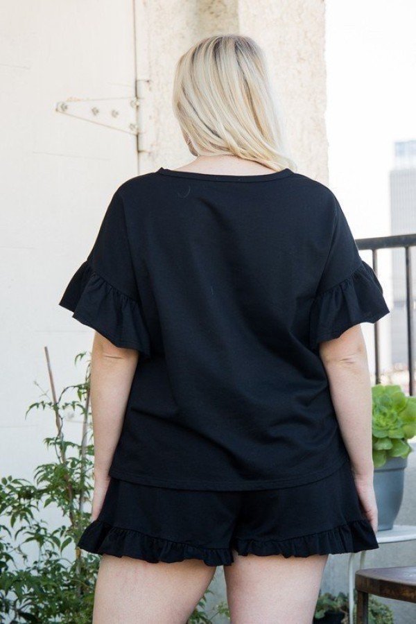 French Terry Top with Ruffle Sleeves and Side Slit – Black (Plus Size)