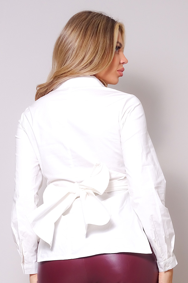 Cropped Button-Down Shirt with Crossed Front & Back Tie – White