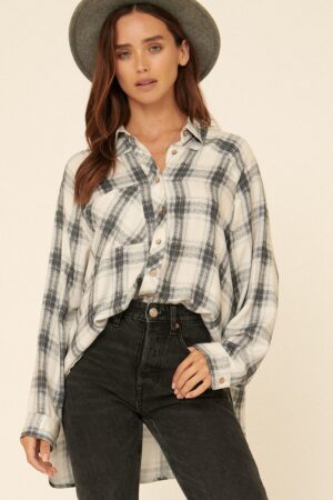 Oversized Plaid Shirt – Loose Collared Button-Up (Grey)