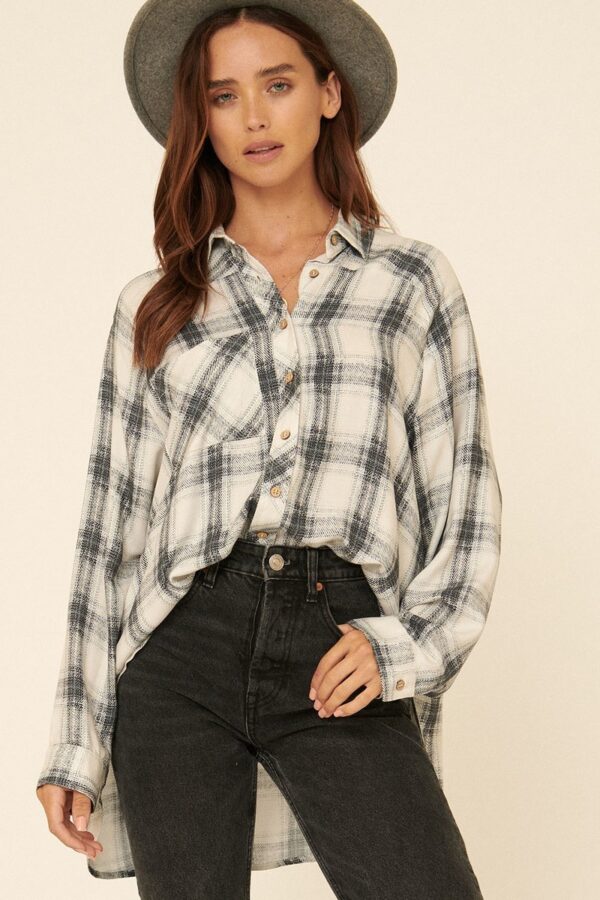 Oversized Plaid Shirt – Loose Collared Button-Up (Grey)