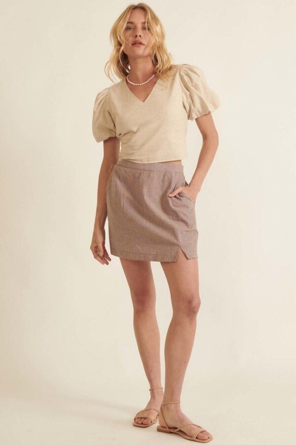 Pinstripe Mini Skirt with Banded Front – Chocolate