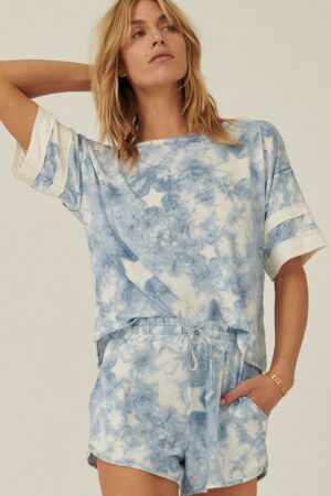 Tie-Dye Knit Top with Star Pattern & Varsity Trim
