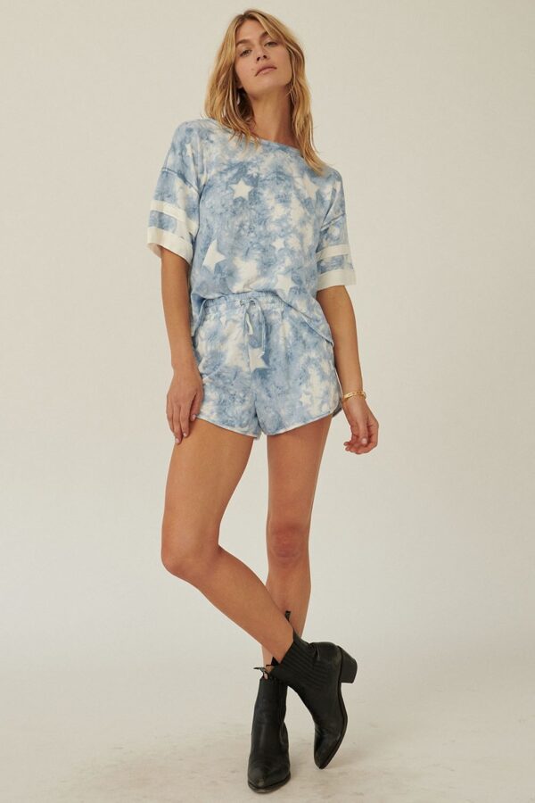 Tie-Dye Knit Top with Star Pattern & Varsity Trim