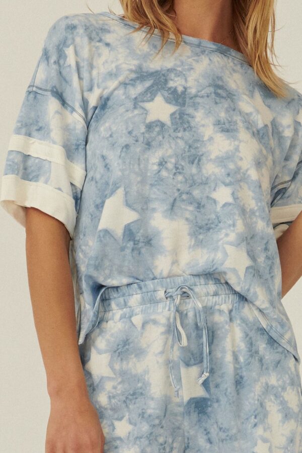 Tie-Dye Knit Top with Star Pattern & Varsity Trim