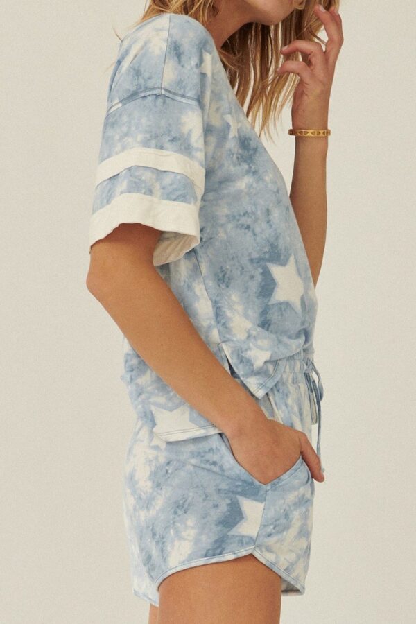 Tie-Dye Knit Top with Star Pattern & Varsity Trim