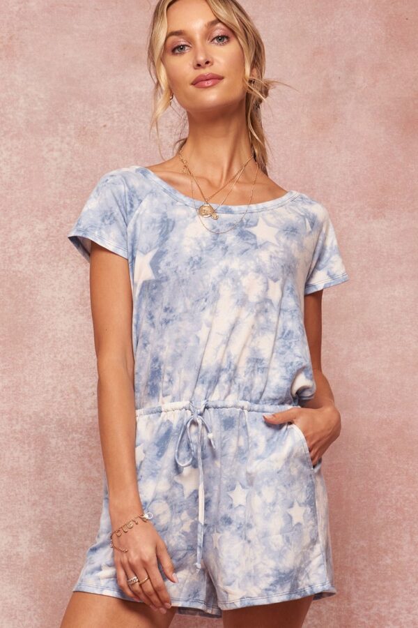 Star Tie-Dye Knit Romper with Open Surplice Back