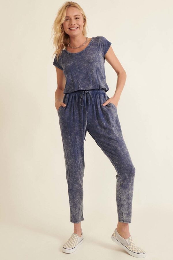 Mineral-Wash Knit Jumpsuit with Surplice Back – Denim Blue