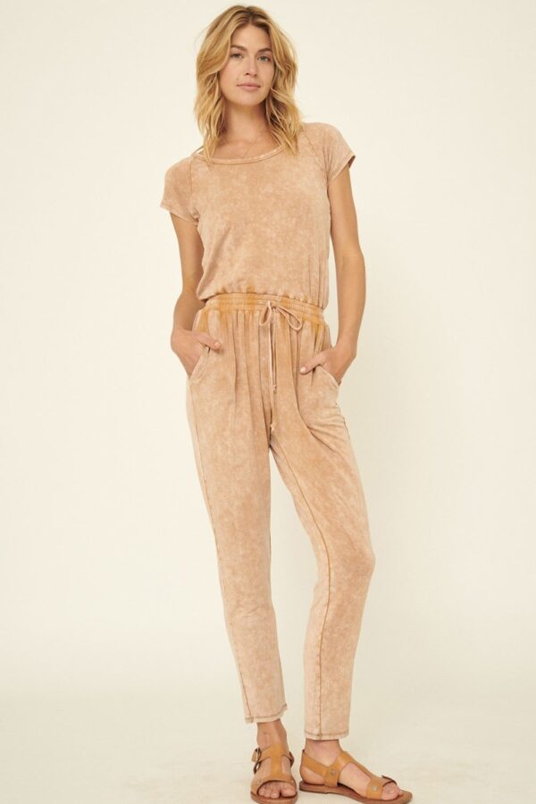 Mineral-Wash Knit Jumpsuit with Surplice Back – Sand