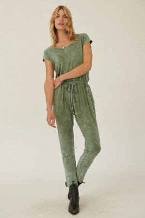 Mineral-Wash Knit Jumpsuit with Surplice Back – Olive