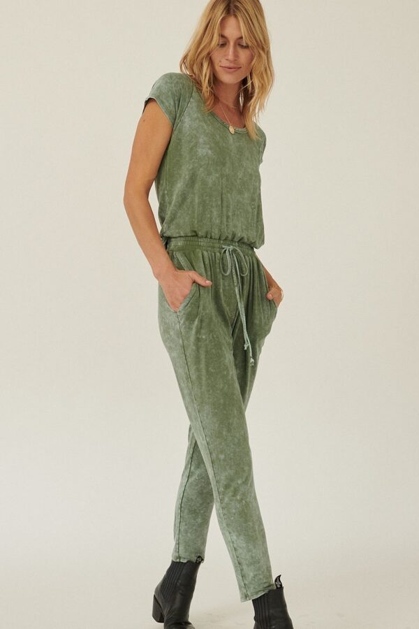 Mineral-Wash Knit Jumpsuit with Surplice Back – Olive