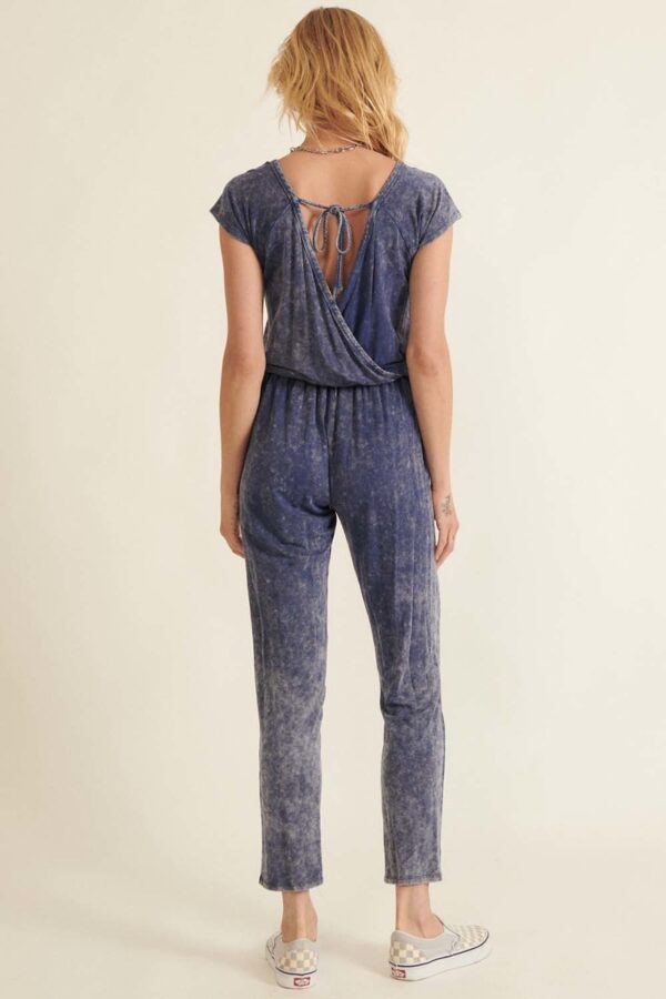 Mineral-Wash Knit Jumpsuit with Surplice Back – Denim Blue