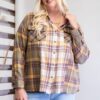 Plaid Button-Down Shirt with Frayed Hem – Faded Olive (Plus Size)