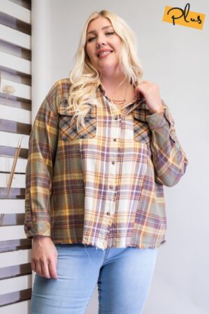 Plaid Button-Down Shirt with Frayed Hem – Faded Olive (Plus Size)