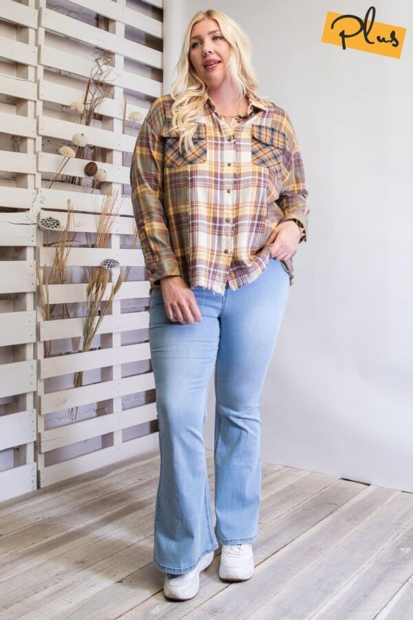 Plaid Button-Down Shirt with Frayed Hem – Faded Olive (Plus Size)