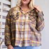 Plaid Button-Down Shirt with Frayed Hem – Faded Olive (Plus Size)