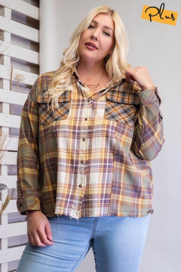 Plaid Button-Down Shirt with Frayed Hem – Faded Olive (Plus Size)