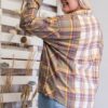 Plaid Button-Down Shirt with Frayed Hem – Faded Olive (Plus Size)