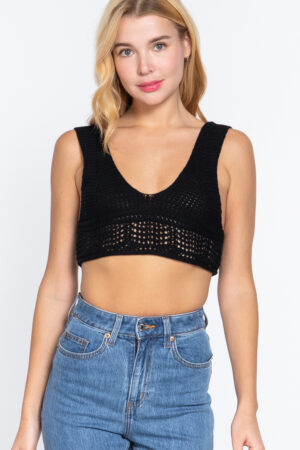 Textured Crop Sweater Tank – Black V-Neck