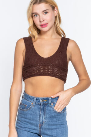 Textured Crop Sweater Tank – V-Neck in Chocolate