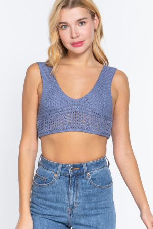 Textured V-Neck Crop Sweater Tank – Mid Blue