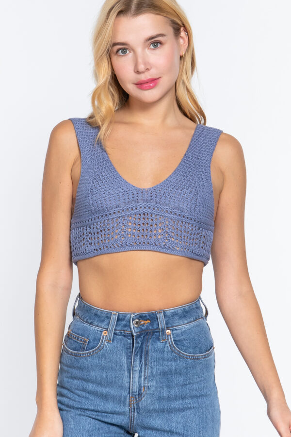 Textured V-Neck Crop Sweater Tank – Mid Blue