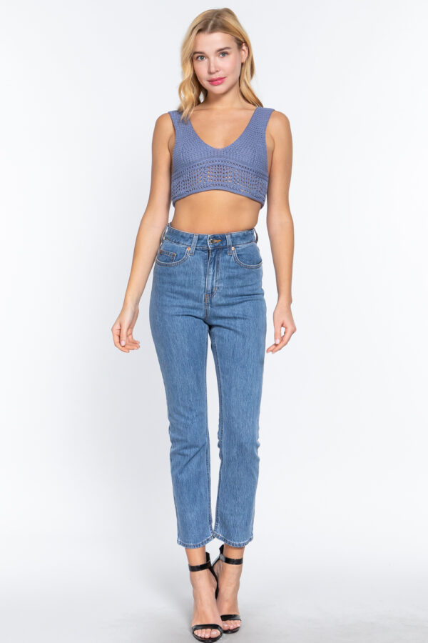 Textured V-Neck Crop Sweater Tank – Mid Blue