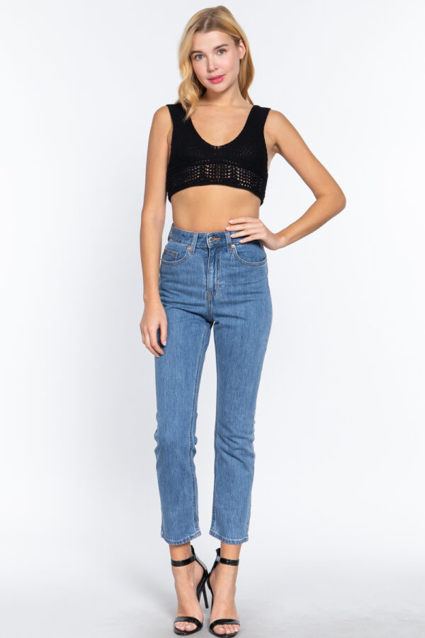 Textured Crop Sweater Tank – Black V-Neck